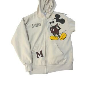 🔥 Disney Mickey Mouse Ivory Zip Hoodie Varsity Chenille Patch Mens Medium 🐭